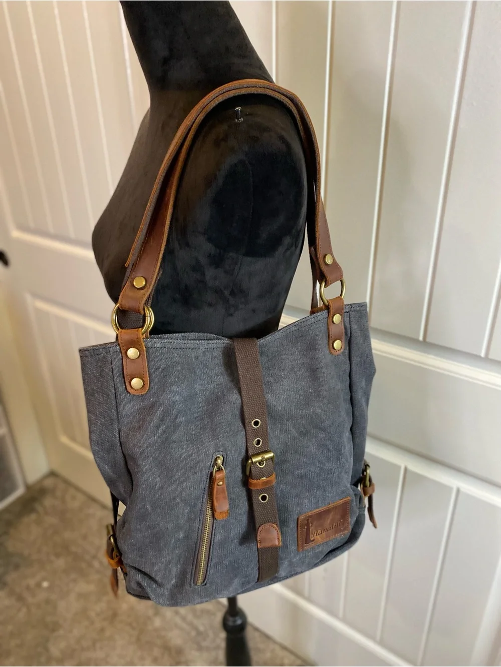 Gray Canvas Messenger Bag with Brown Leather Trim